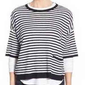 Eileen Fisher Rib Striped Organic Linen Boxy Short Sleeve Sweater Size XXS